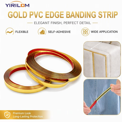Bandes de bordure en PVC doré avec finition métallique mate largeur 13 mm hauteur 2,8 mm pour le garnissage des bords de meubles